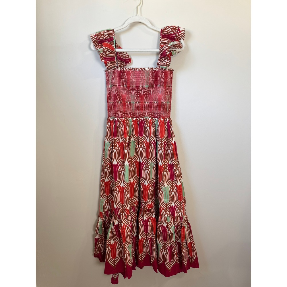 Cara Cara Smocked Midi Dress Red Tulip Print Ruffle Strap Tiered NWT - Picture 2 of 6